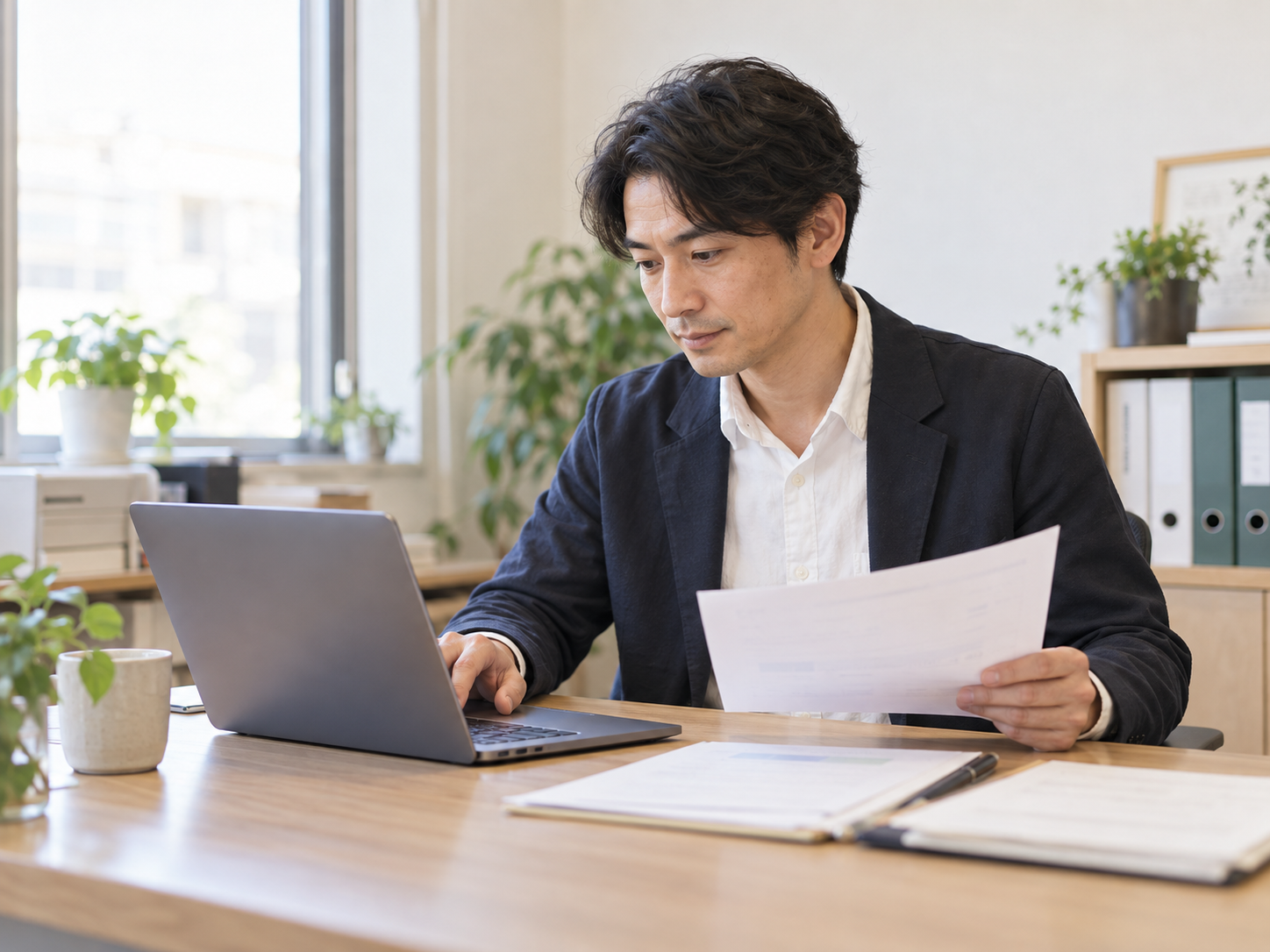 明るいオフィスで、PCと資料を確認しながら経理の作業をする人物のイメージ